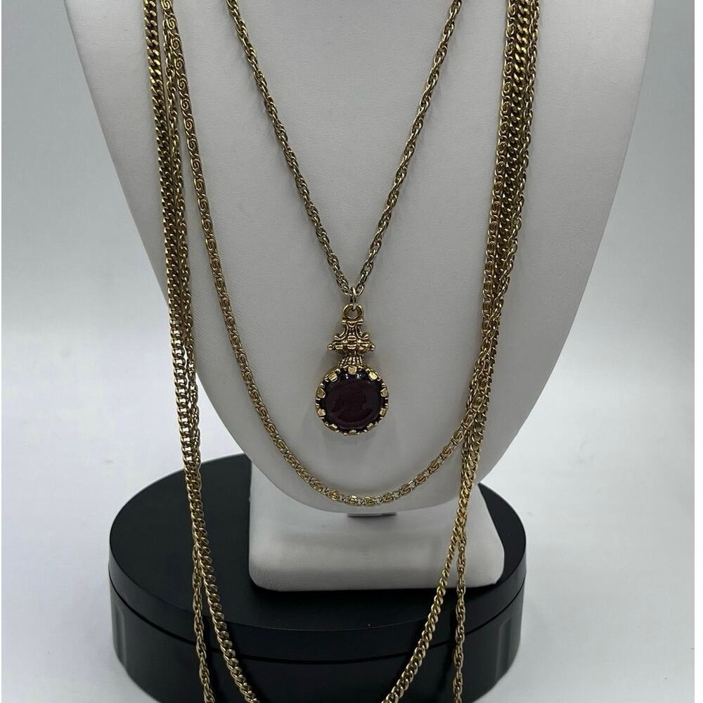 Goldette Vintage Purple‎ Glass Intaglio Cameo Silhouette 3 Strand Chain Necklace
